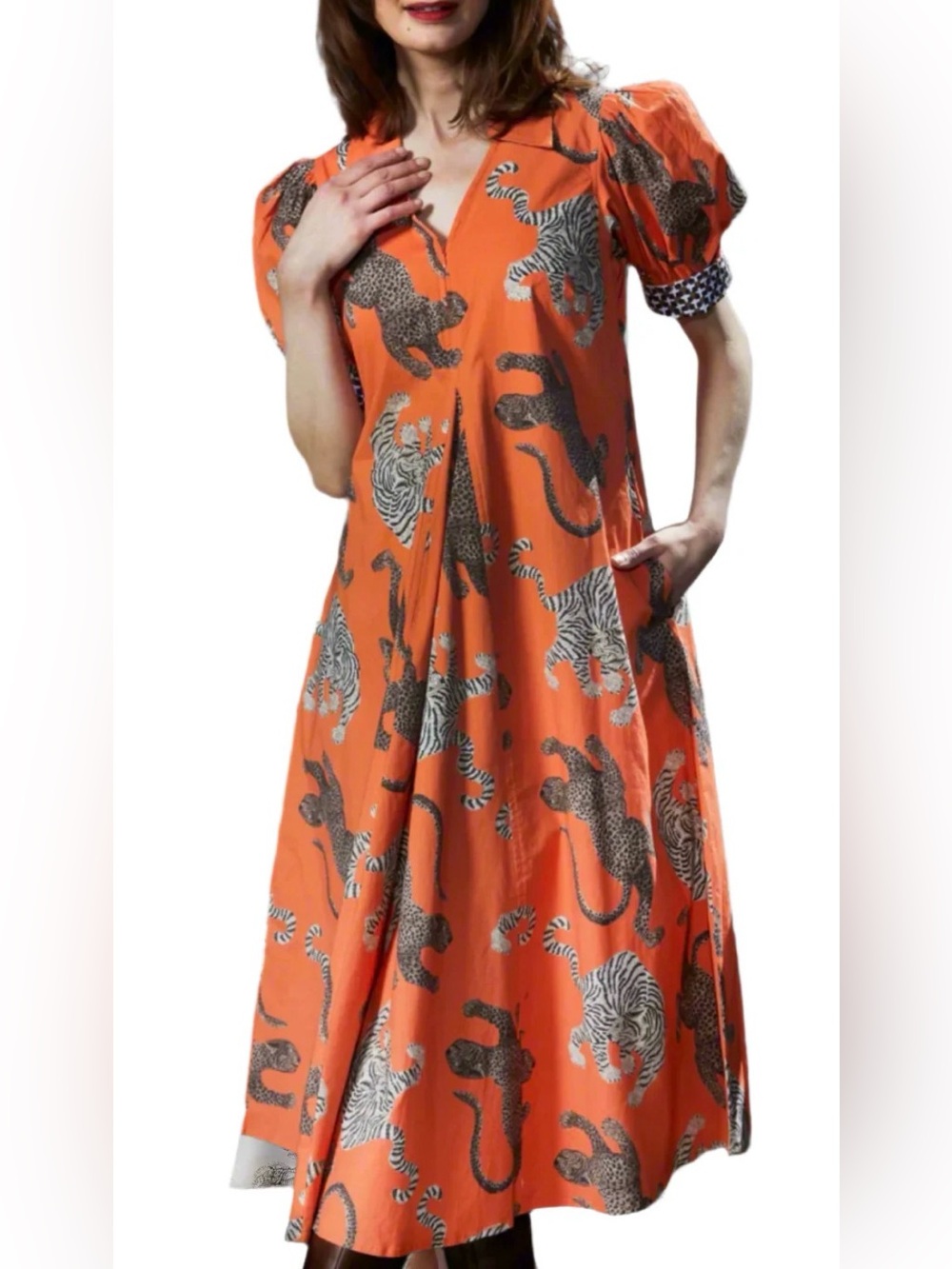Dizzy Lizzie Montauk Dress in Rust Ground with Cats NWT Cotton Blend Exotic L